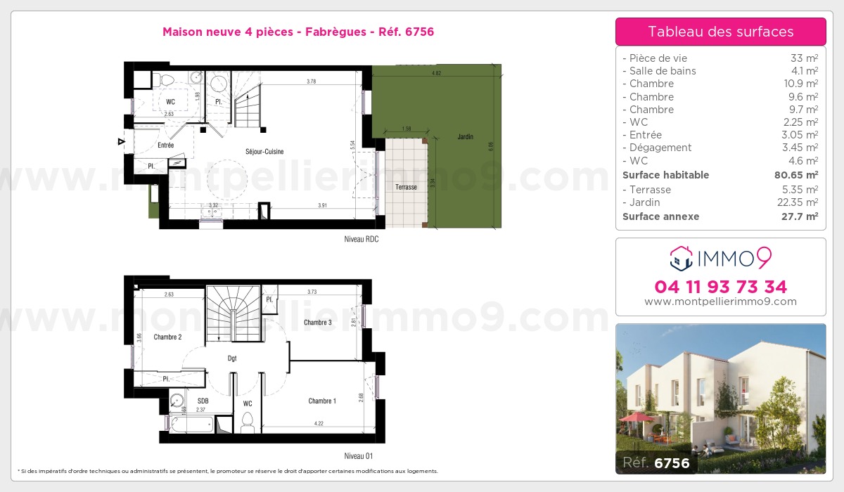 Plan et surfaces, Programme neuf Fabrègues Référence n° 6756