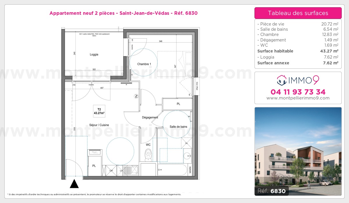 Plan et surfaces, Programme neuf Saint-Jean-de-Védas Référence n° 6830