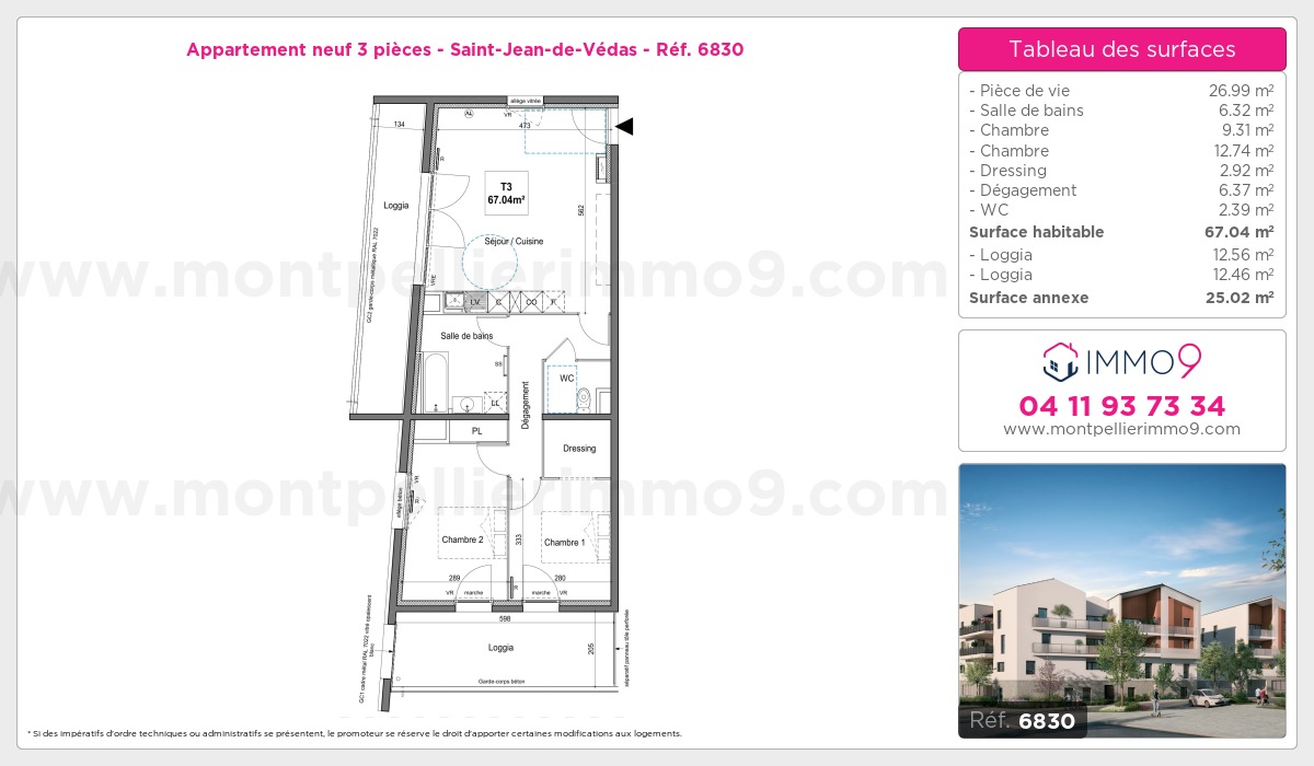 Plan et surfaces, Programme neuf Saint-Jean-de-Védas Référence n° 6830