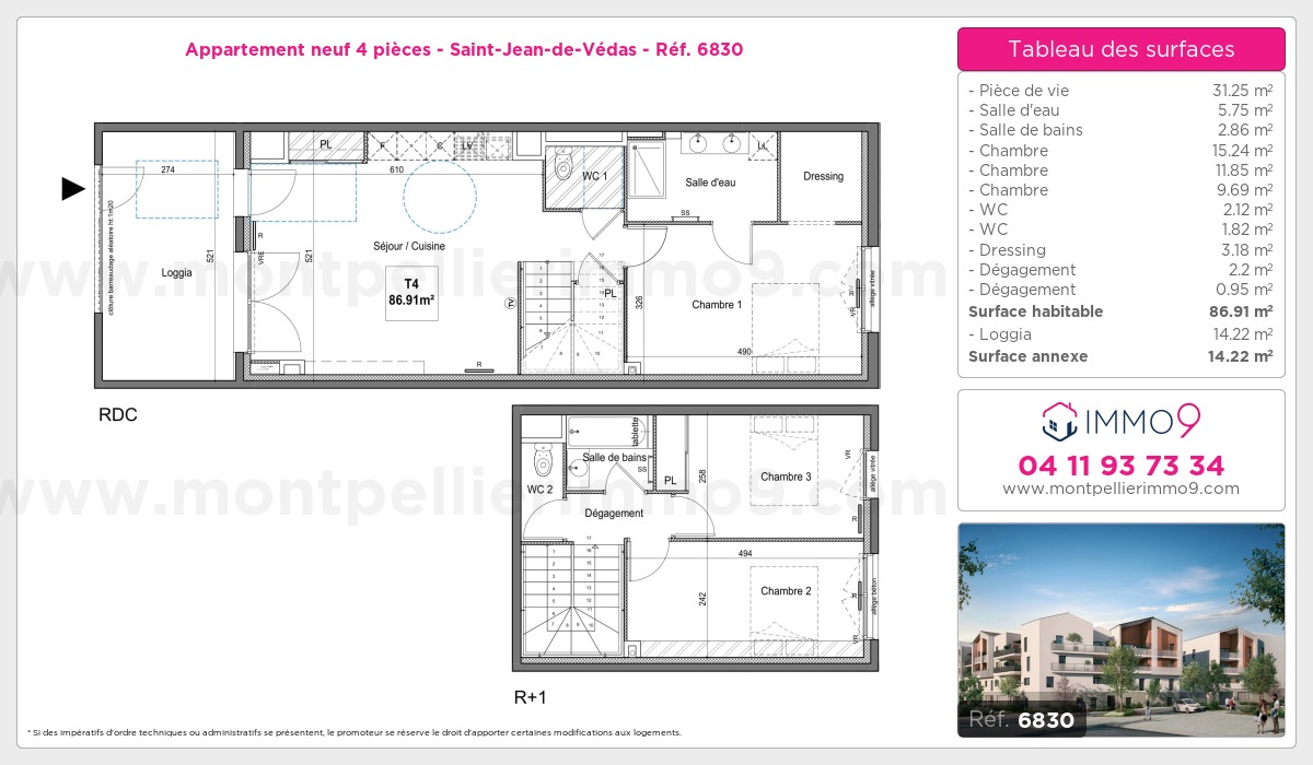 Plan et surfaces, Programme neuf Saint-Jean-de-Védas Référence n° 6830