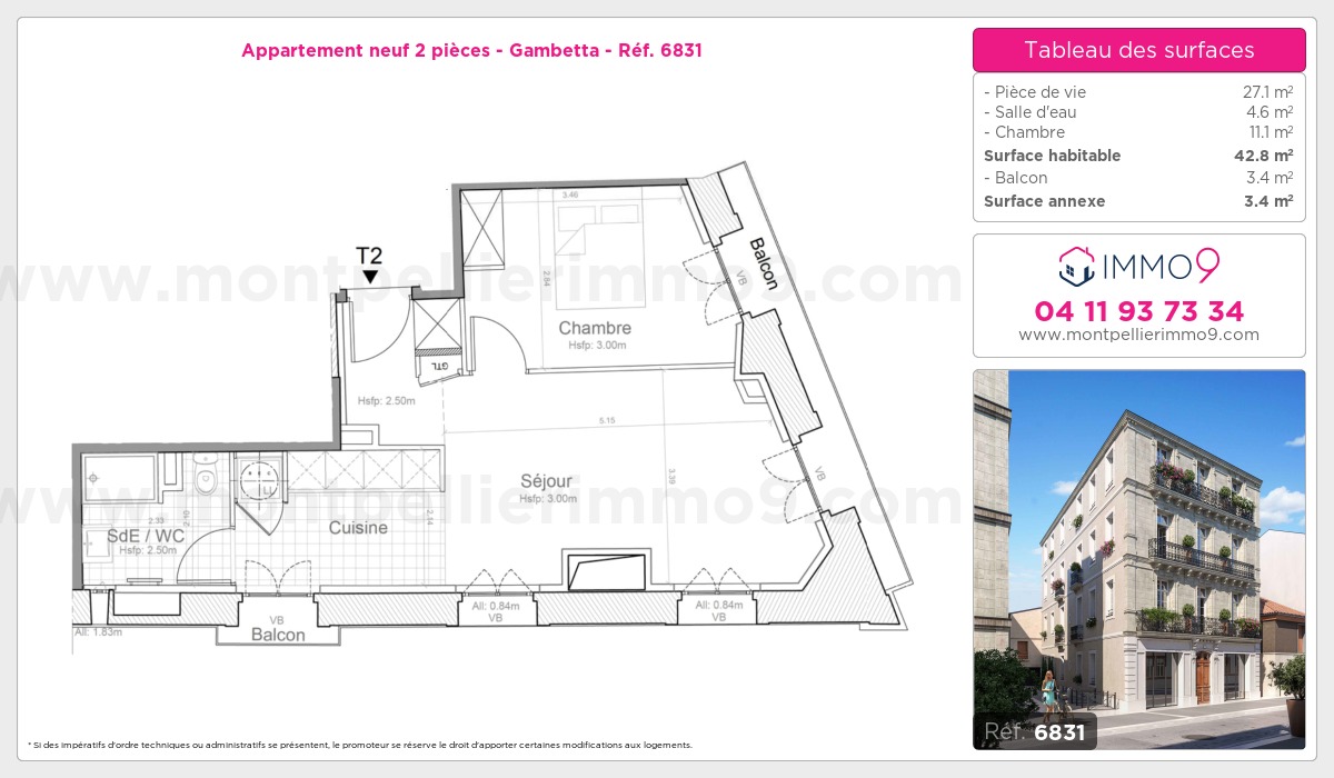 Plan et surfaces, Programme neuf Montpellier : Gambetta Référence n° 6831