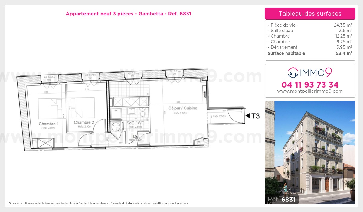 Plan et surfaces, Programme neuf Montpellier : Gambetta Référence n° 6831