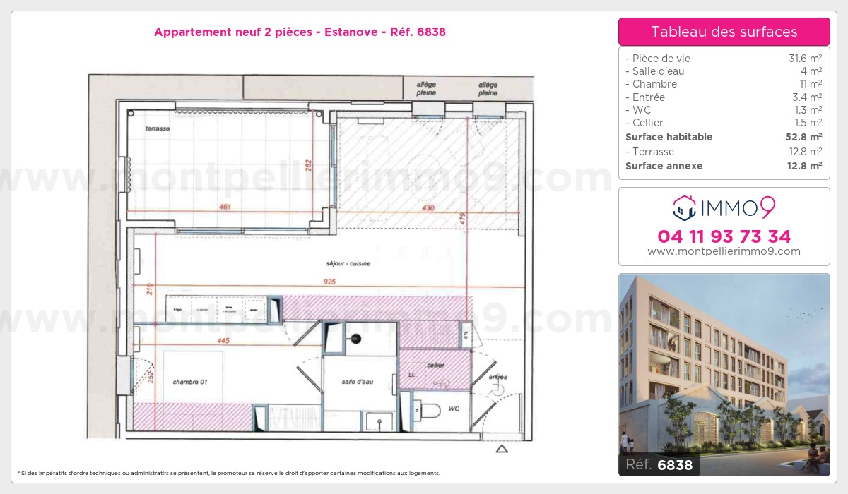 Plan et surfaces, Programme neuf Montpellier : Estanove Référence n° 6838