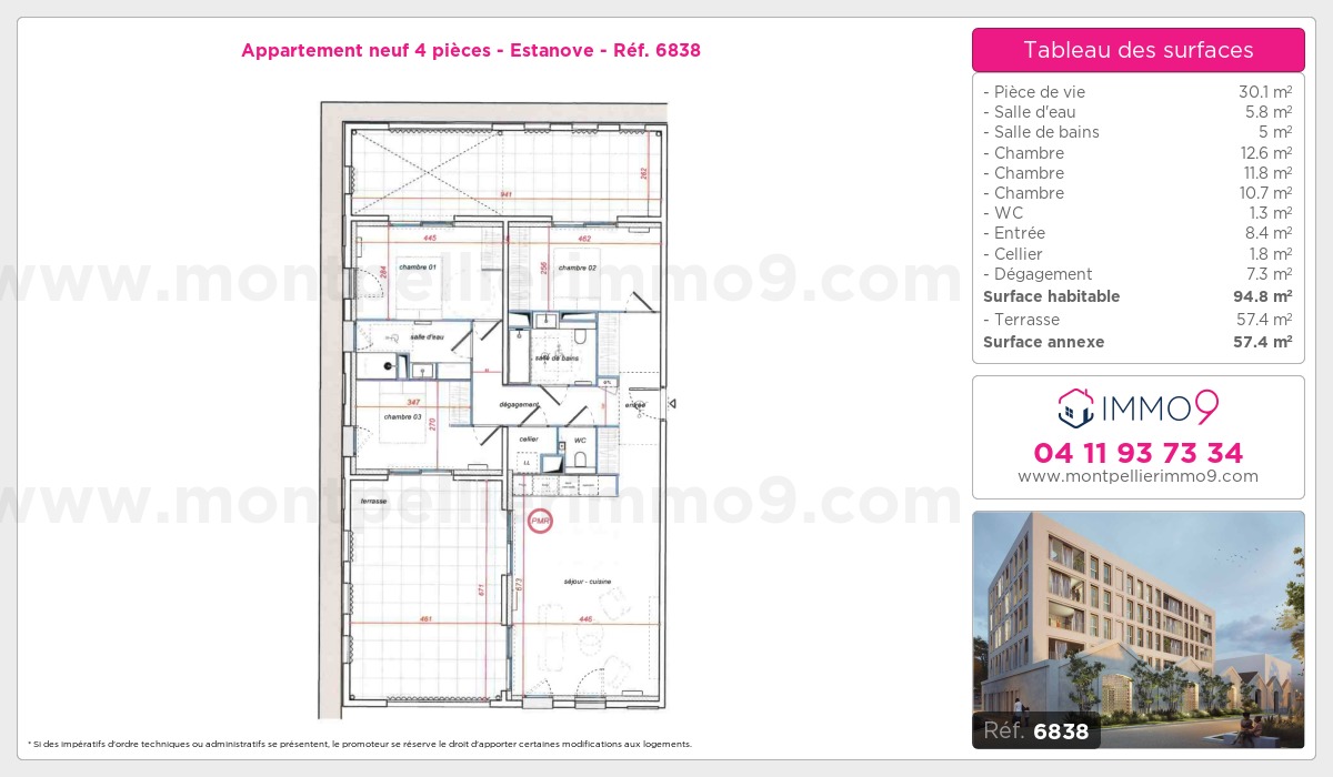 Plan et surfaces, Programme neuf Montpellier : Estanove Référence n° 6838