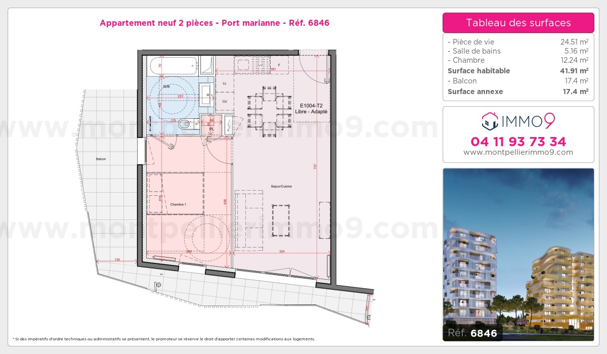 Plan et surfaces, Programme neuf Montpellier : Port marianne Référence n° 6846