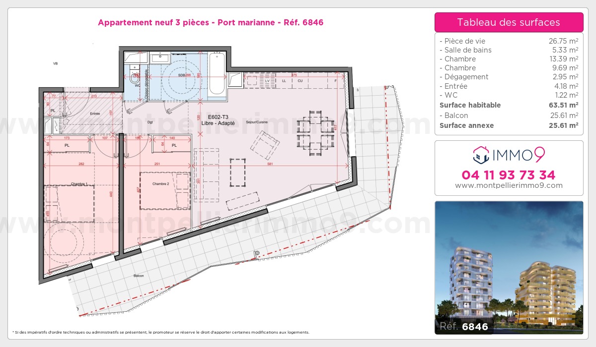 Plan et surfaces, Programme neuf Montpellier : Port marianne Référence n° 6846