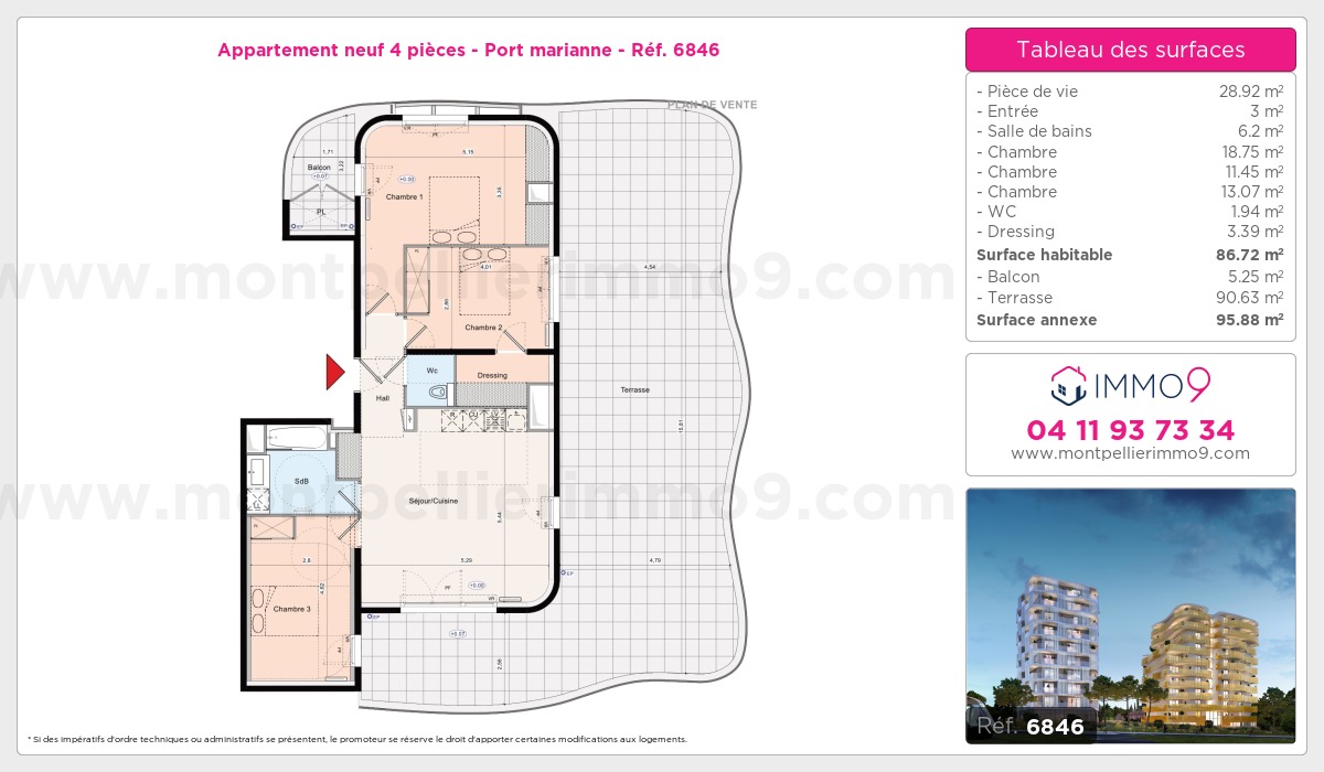 Plan et surfaces, Programme neuf Montpellier : Port marianne Référence n° 6846