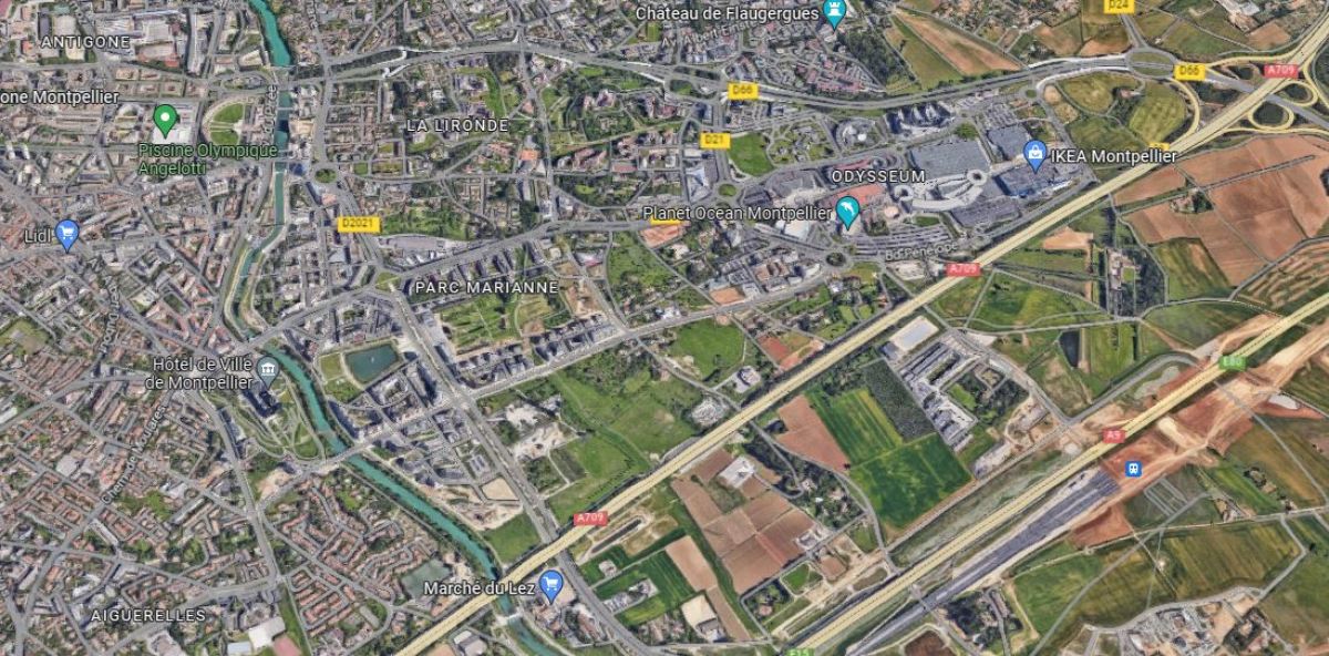 Une vue satellite du quartier Port Marianne et de ses alentours quartier port marianne montpellier – vue satellite du quartier port marianne