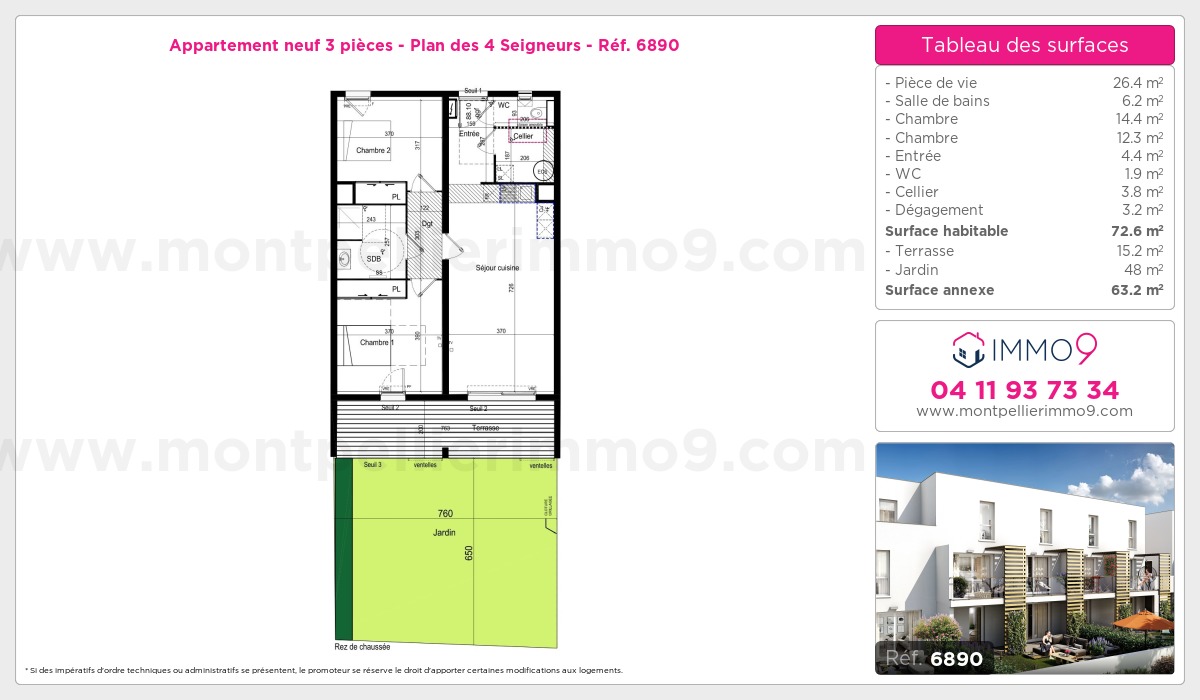 Plan et surfaces, Programme neuf Montpellier : Plan des 4 Seigneurs Référence n° 6890