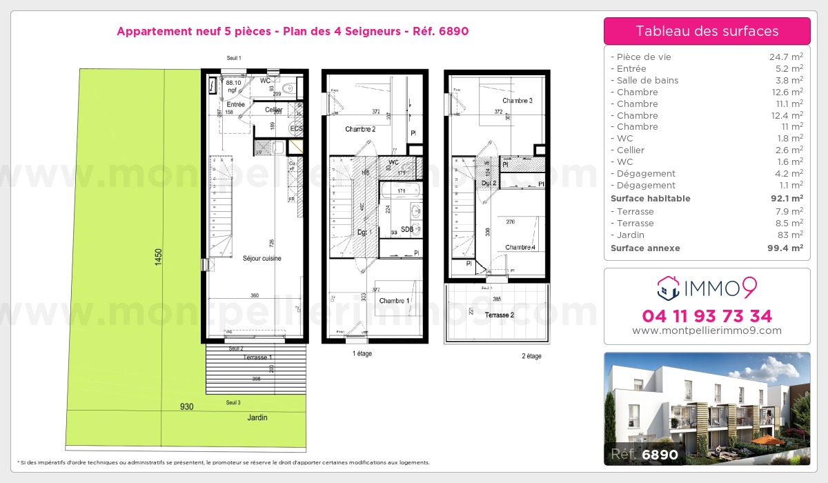 Plan et surfaces, Programme neuf Montpellier : Plan des 4 Seigneurs Référence n° 6890