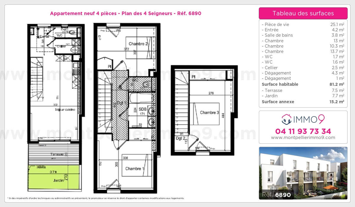 Plan et surfaces, Programme neuf Montpellier : Plan des 4 Seigneurs Référence n° 6890