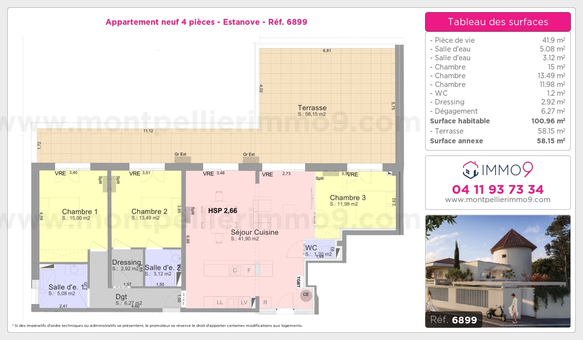 Plan et surfaces, Programme neuf Montpellier : Estanove Référence n° 6899