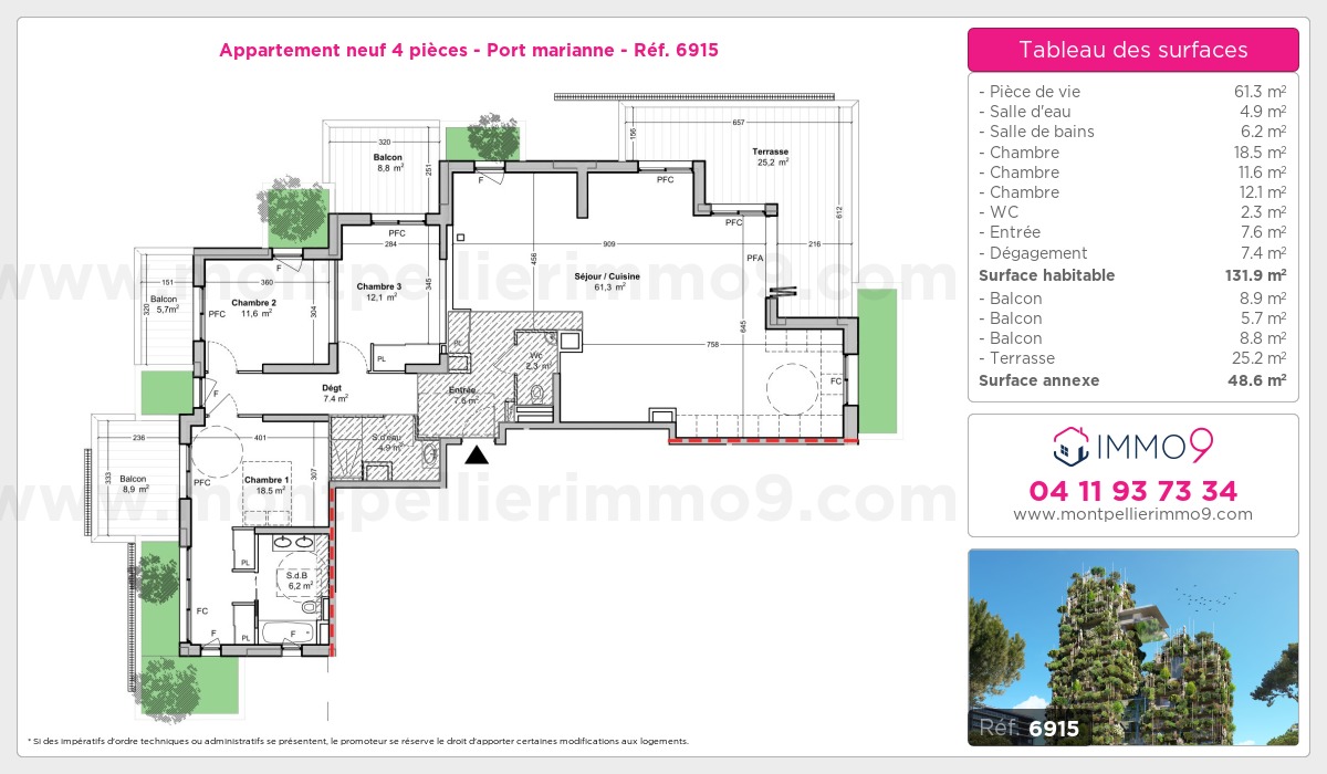 Plan et surfaces, Programme neuf Montpellier : Port marianne Référence n° 6915