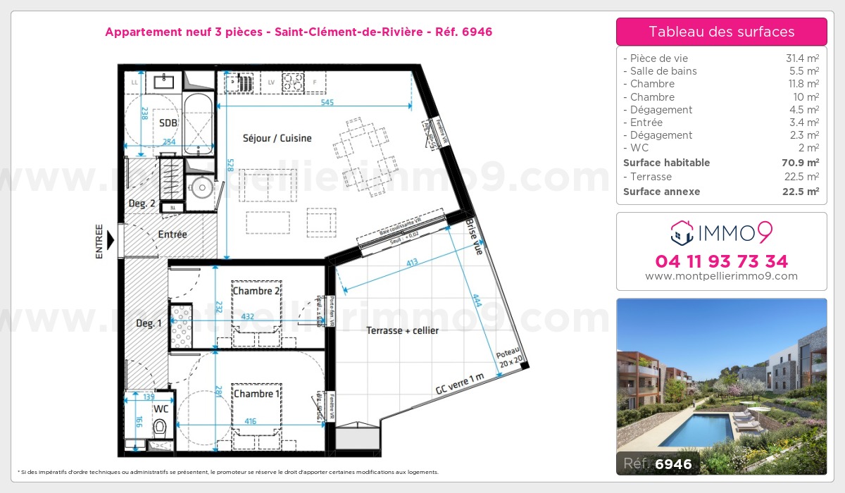 Plan et surfaces, Programme neuf Saint-Clément-de-Rivière Référence n° 6946