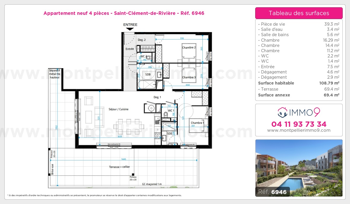 Plan et surfaces, Programme neuf Saint-Clément-de-Rivière Référence n° 6946