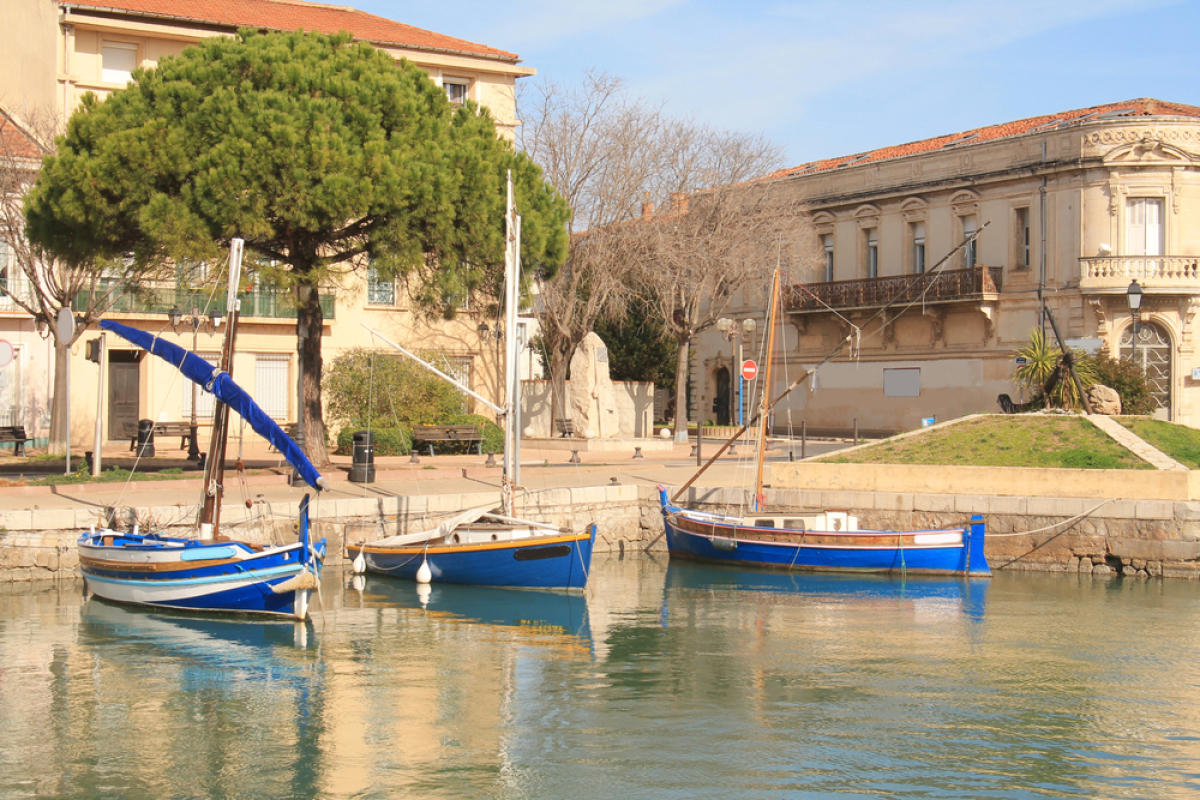 petits voiliers bleus amarrés dans le port de Frontignan