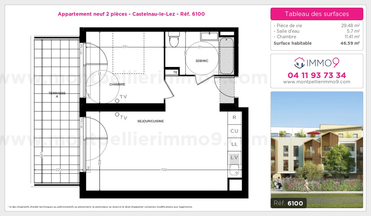 Plan et surfaces, Programme neuf Castelnau-le-Lez Référence n° 6100