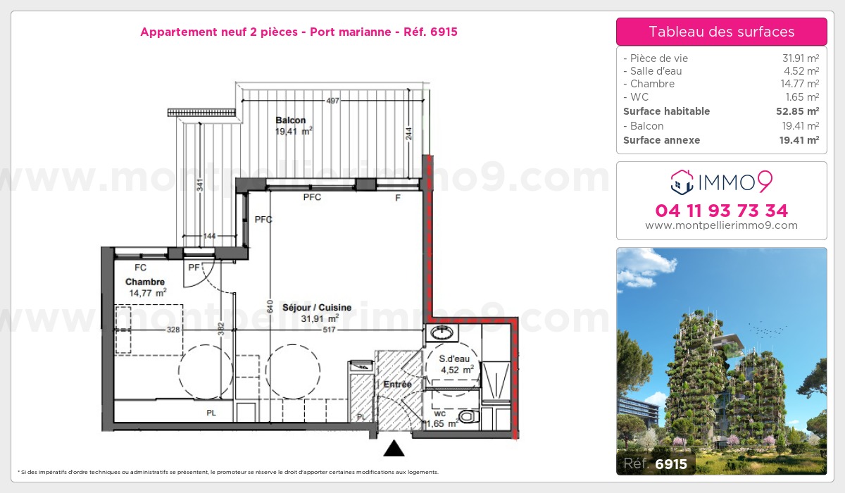 Plan et surfaces, Programme neuf Montpellier : Port marianne Référence n° 6915