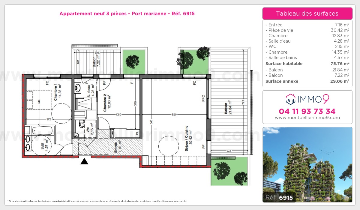 Plan et surfaces, Programme neuf Montpellier : Port marianne Référence n° 6915