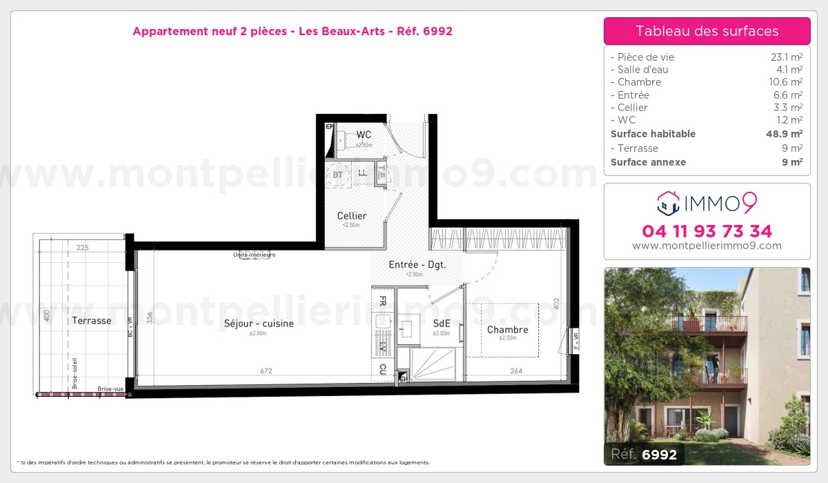 Plan et surfaces, Programme neuf Montpellier : Beaux-Arts Référence n° 6992