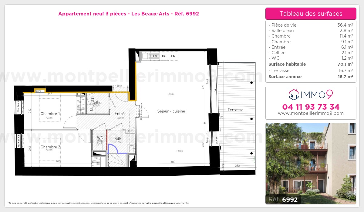 Plan et surfaces, Programme neuf Montpellier : Beaux-Arts Référence n° 6992