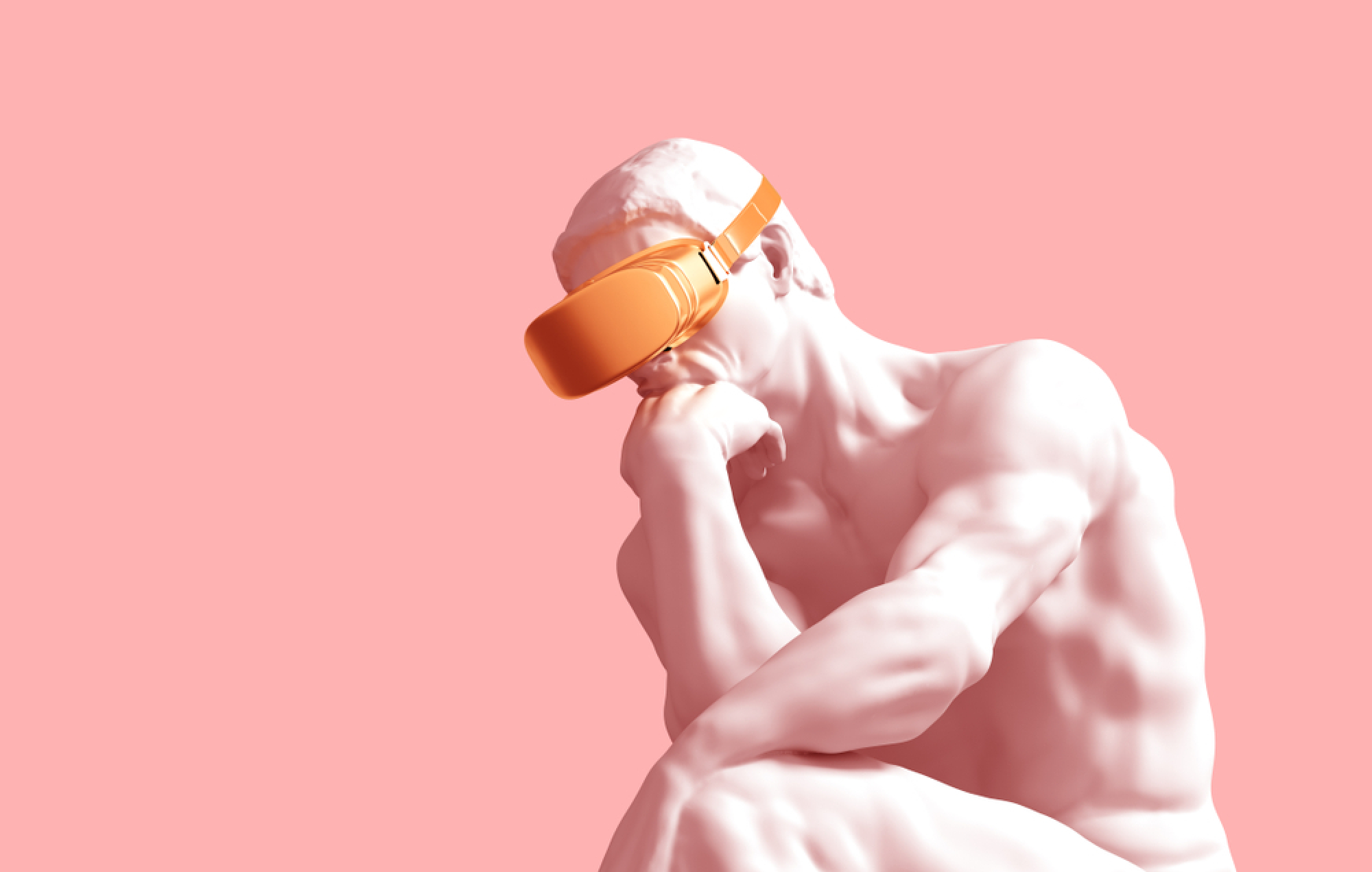 Une statue de penseur portant un casque de réalité virtuelle
