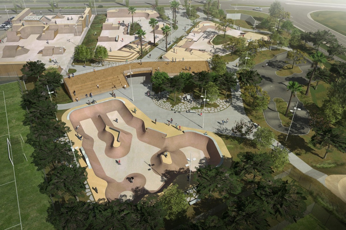 Le nouveau skatepark fait la part belle à la verdure skatepark de Grammont à Montpellier – Vue 3D du projet de skatepark côté bowl