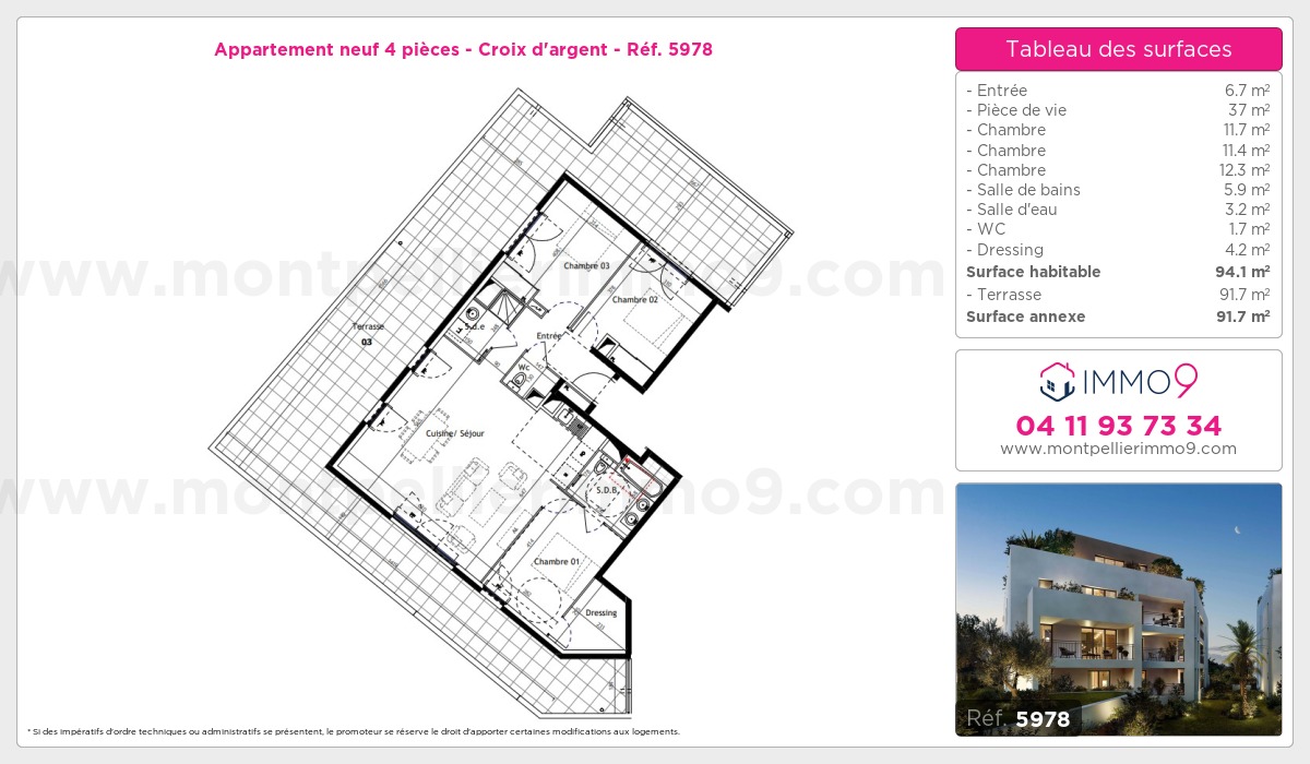 Plan et surfaces, Programme neuf Montpellier : Croix d'argent Référence n° 5978