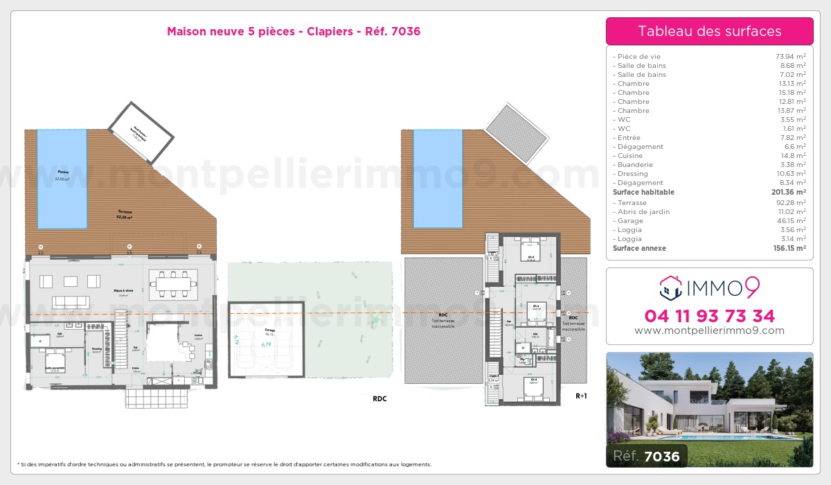 Plan et surfaces, Programme neuf Clapiers Référence n° 7036
