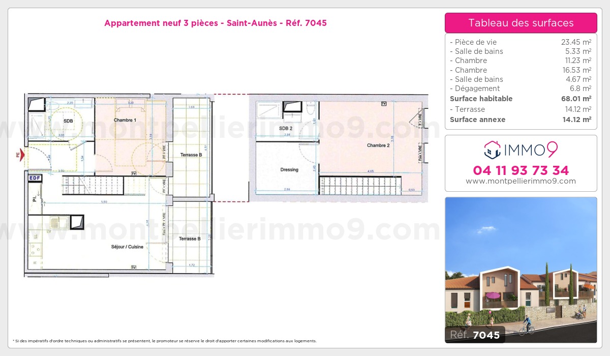 Plan et surfaces, Programme neuf Saint-Aunès Référence n° 7045