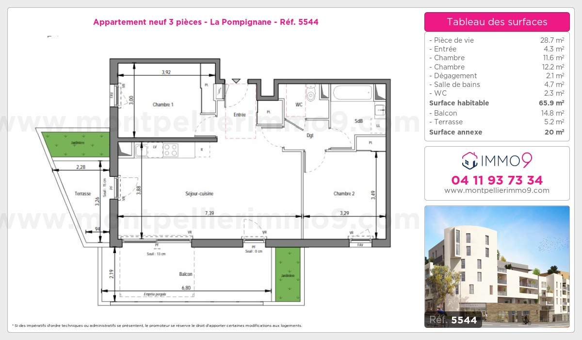 Plan et surfaces, Programme neuf Montpellier : Pompignane Référence n° 5544