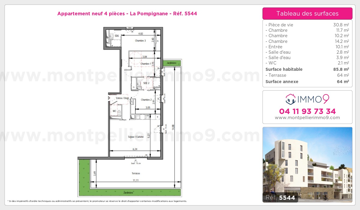 Plan et surfaces, Programme neuf Montpellier : Pompignane Référence n° 5544