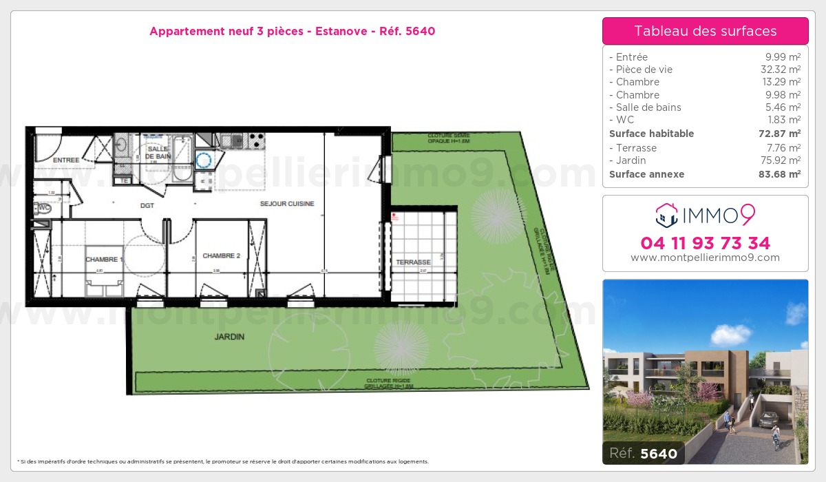 Plan et surfaces, Programme neuf Montpellier : Estanove Référence n° 5640