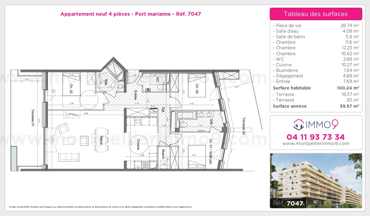 Plan et surfaces, Programme neuf Montpellier : Port marianne Référence n° 7047
