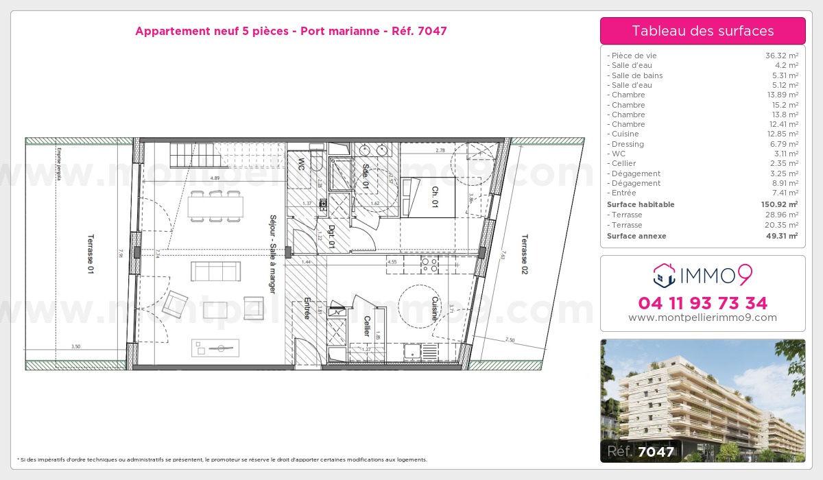 Plan et surfaces, Programme neuf Montpellier : Port marianne Référence n° 7047