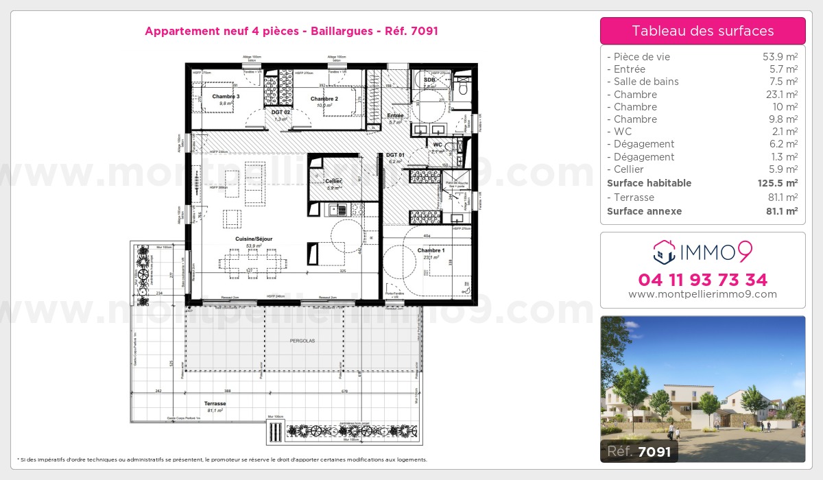 Plan et surfaces, Programme neuf Baillargues Référence n° 7091