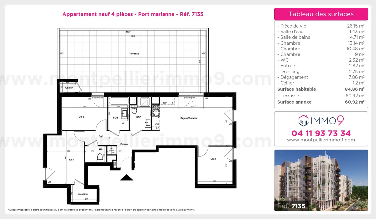 Plan et surfaces, Programme neuf Montpellier : Port marianne Référence n° 7135