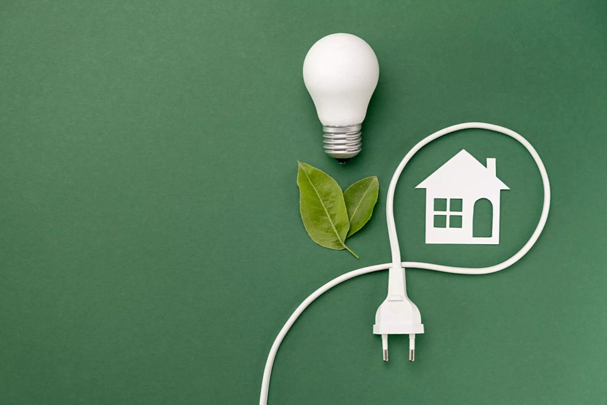 un cordon électrique entoure une maison à côté de feuilles et d’une ampoule