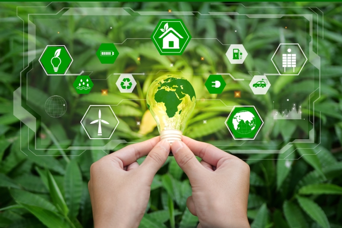 zac entrée est sète – Ampoule verte sur fond de plantes et logos transition écologique