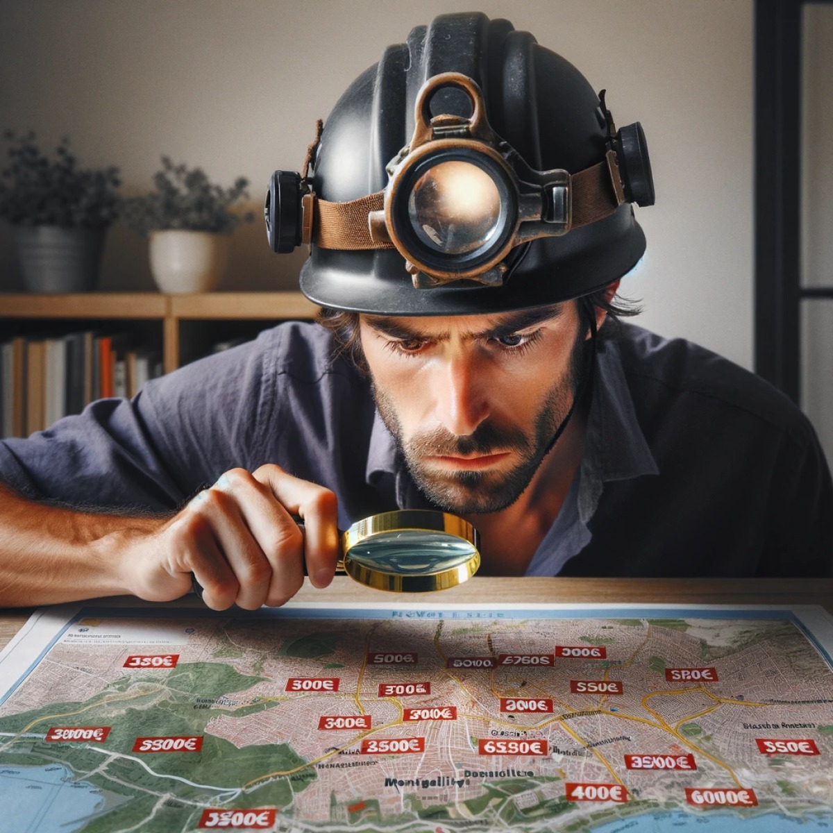 un homme avec un casque de spéléo observe à la loupe une carte de montpellier 

