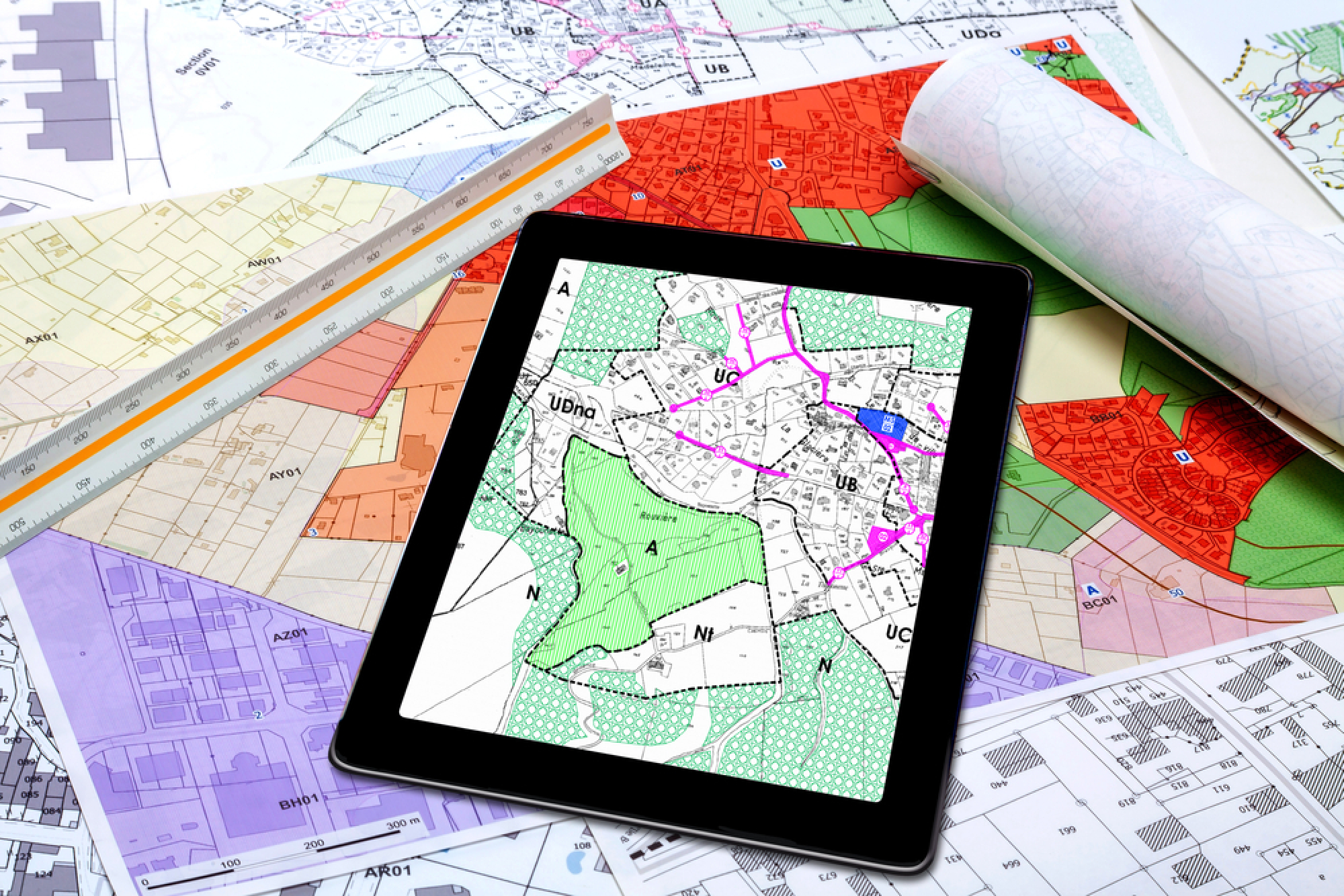 une tablette sur des plans de communes
