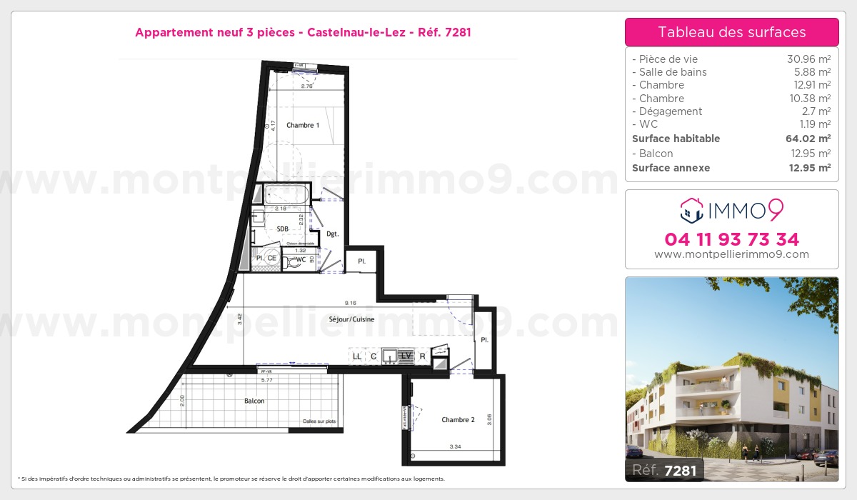 Plan et surfaces, Programme neuf Castelnau-le-Lez Référence n° 7281