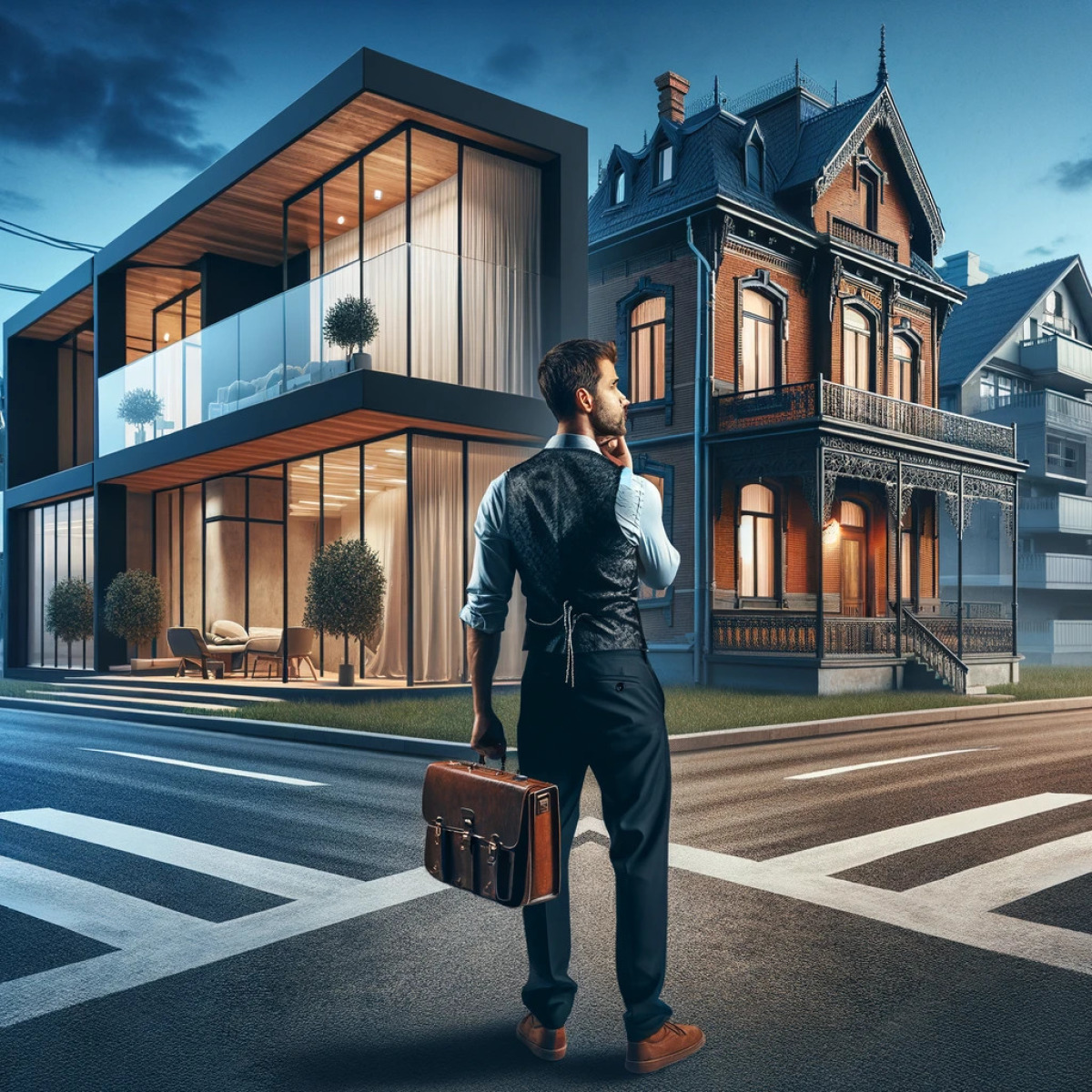 un homme hésitant entre un appartement ancien et une maison neuve 