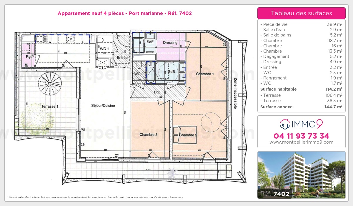 Plan et surfaces, Programme neuf Montpellier : Port marianne Référence n° 7402