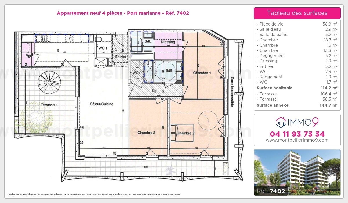 Plan et surfaces, Programme neuf Montpellier : Port marianne Référence n° 7402
