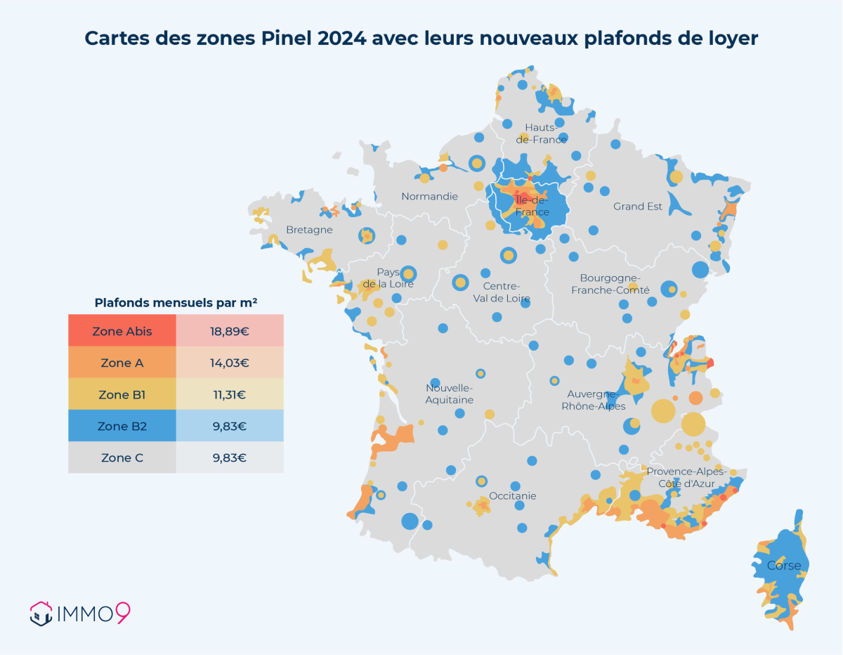 nouveaux loyers pinel 2024 – carte IMMO9 des loyers Pinel en zone Abis, A, B1, B2 et C