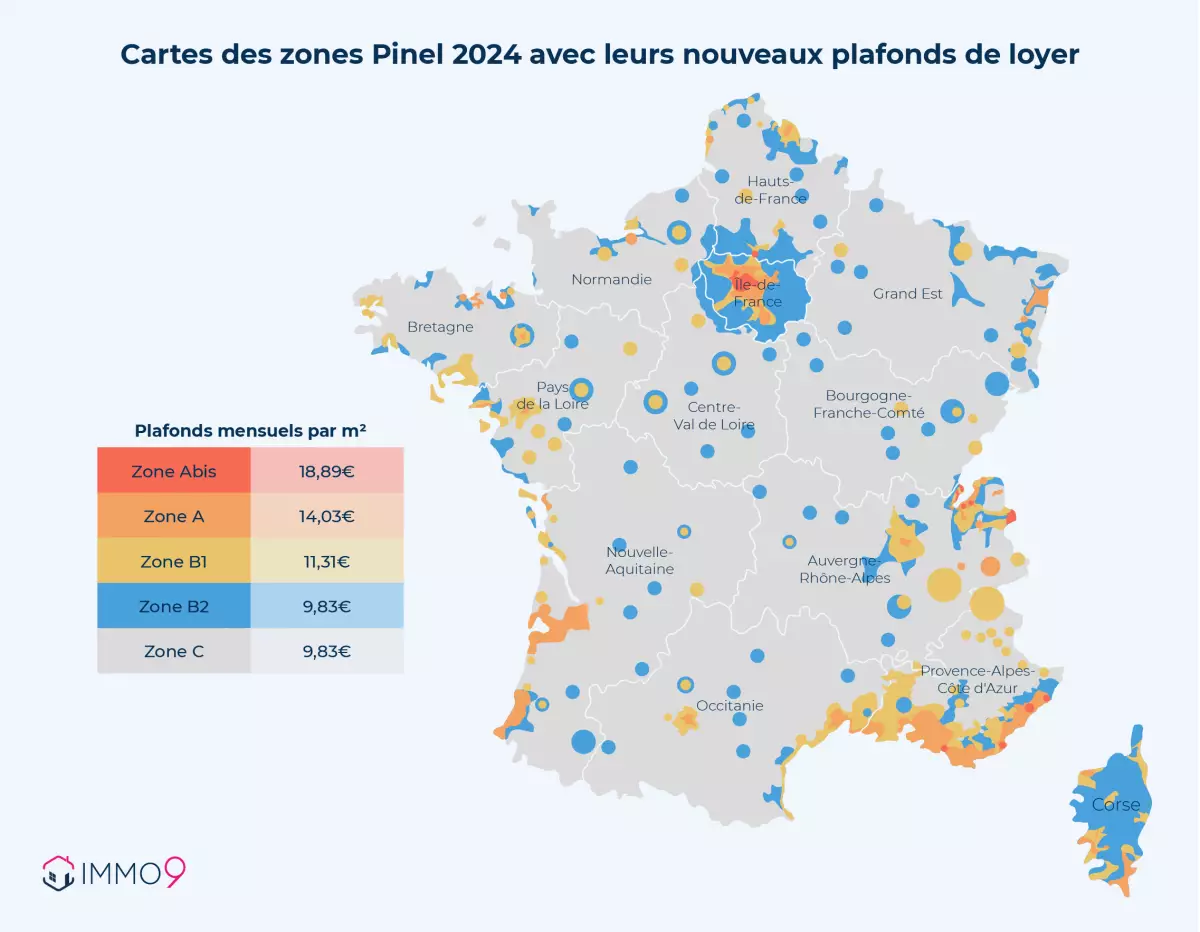 Les loyers Pinel diffèrent selon la zone nouveaux loyers pinel 2024 – carte IMMO9 des loyers Pinel en zone Abis, A, B1, B2 et C