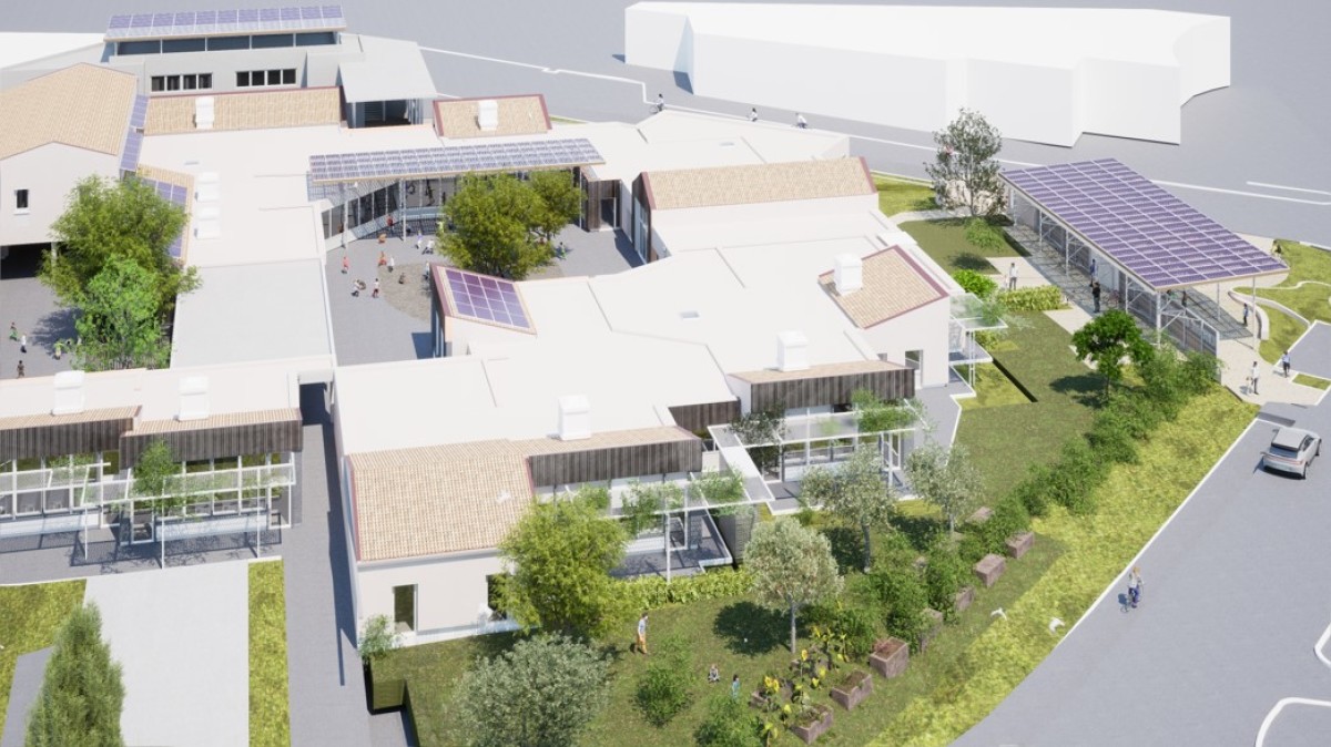 De nouveaux préaux et ombrières seront équipés de panneaux solaires rénovation école grabels – visuel aérien projet rénovation école joseph delteil