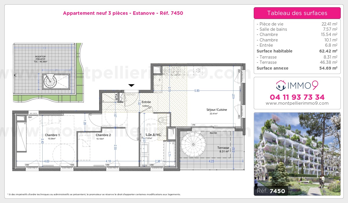 Plan et surfaces, Programme neuf Montpellier : Estanove Référence n° 7450
