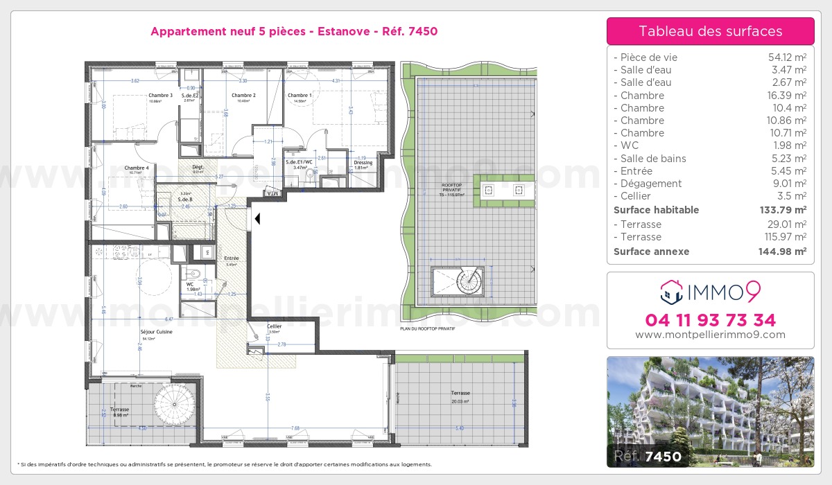 Plan et surfaces, Programme neuf Montpellier : Estanove Référence n° 7450